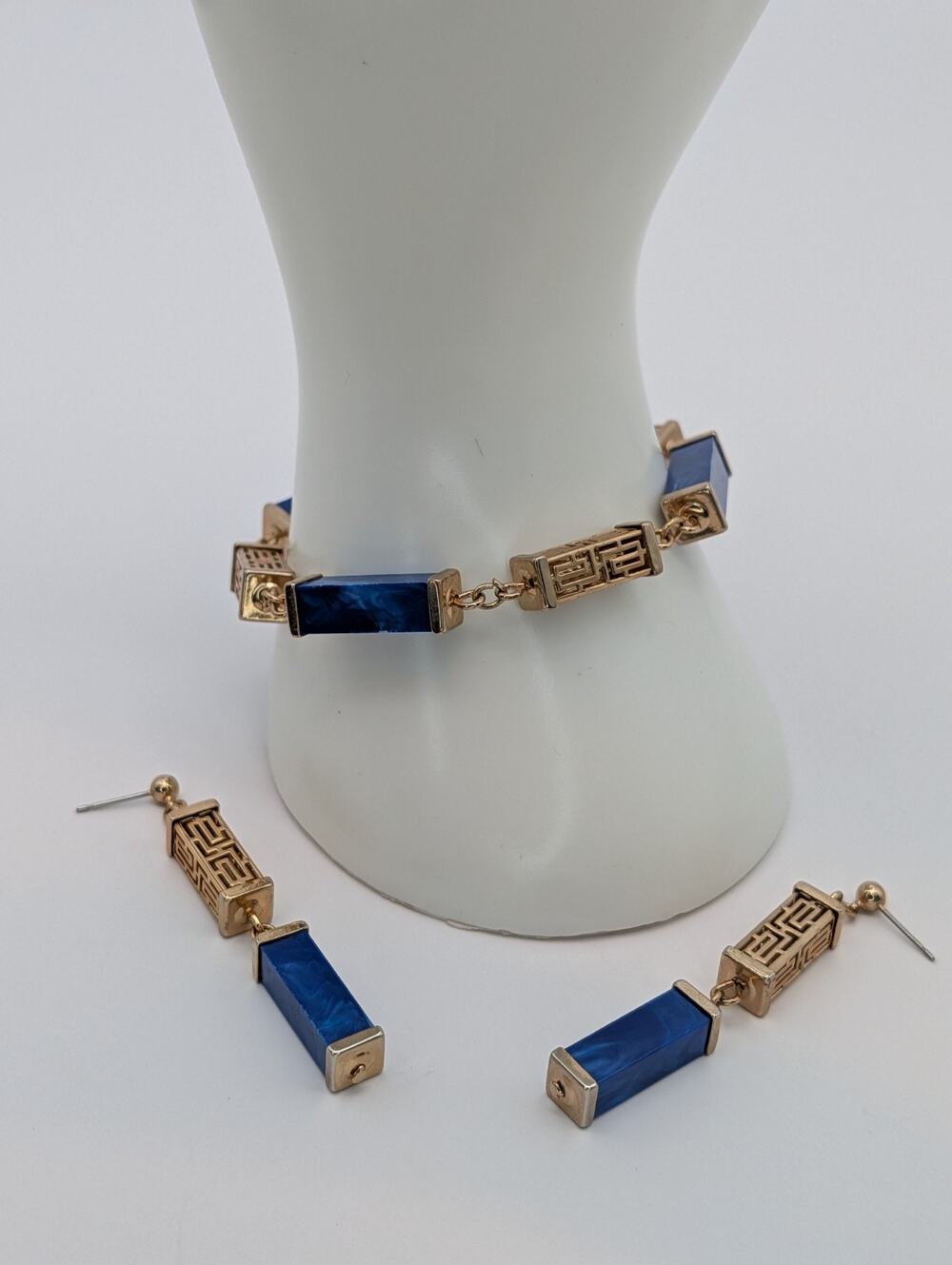 Vintage Faux Lapis And Gold Tone Greek Key Station Bracelet And Earring Set